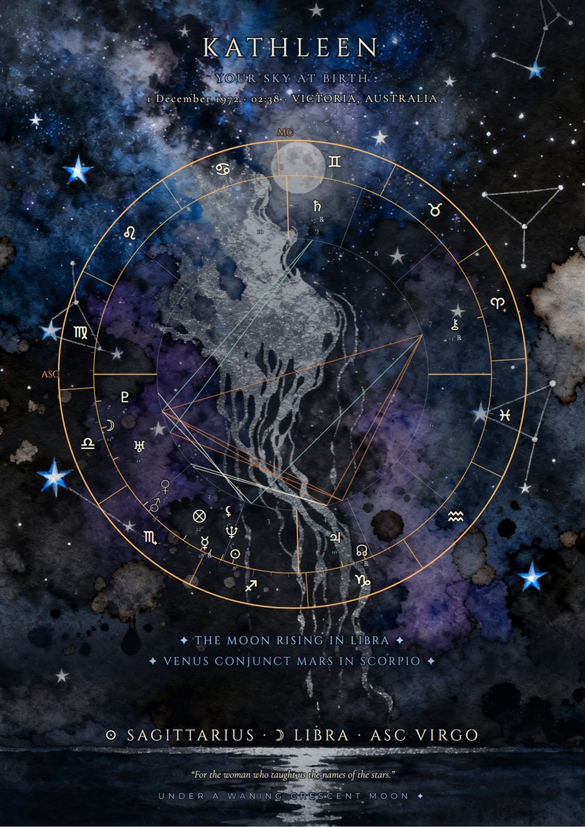 A Two Skies star map — a natal chart wheel set in a painted night sky of silver moonlight