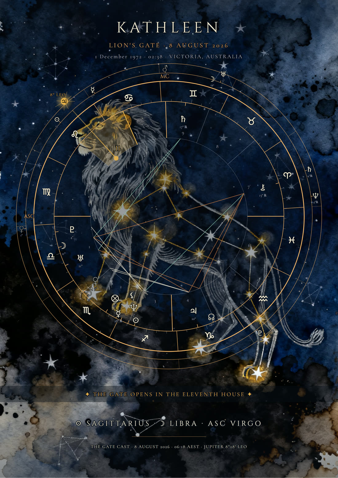 A Lion's Gate 2026 star map — a natal chart wheel over a constellation lion painted on deep indigo