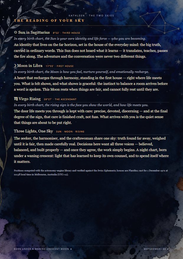The Reading of Your Sky — the Sun, Moon and rising sign each given a full voice, then read together